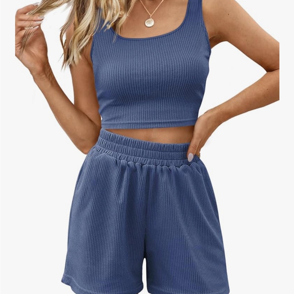 Blue Ribbed Tank and Shorts Set
